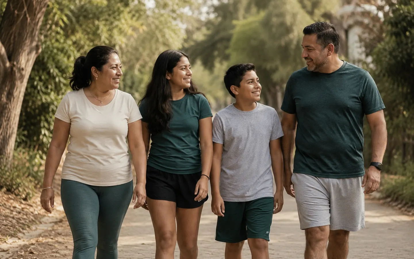 Familia mexicana caminando juntos al aire libre